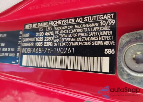 2000 Mercedes-Benz Sl 500 из США, поврежденный, VIN WDBFA68F7YF190261